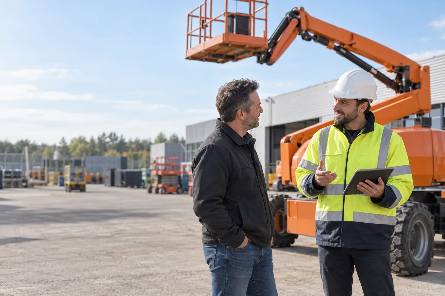 Un conseiller en gilet haute visibilité, tablette à la main, échange avec un client devant une nacelle articulée orange sur un parc de location.