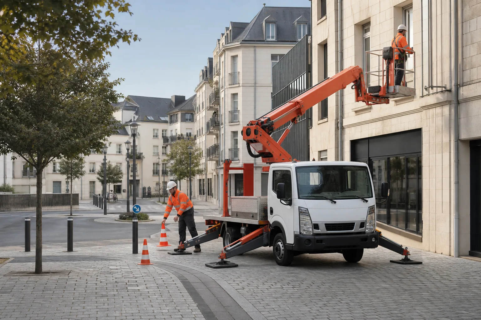 Un camion nacelle stabilisé devant une façade en ville, avec un opérateur au sol et un technicien dans le panier.